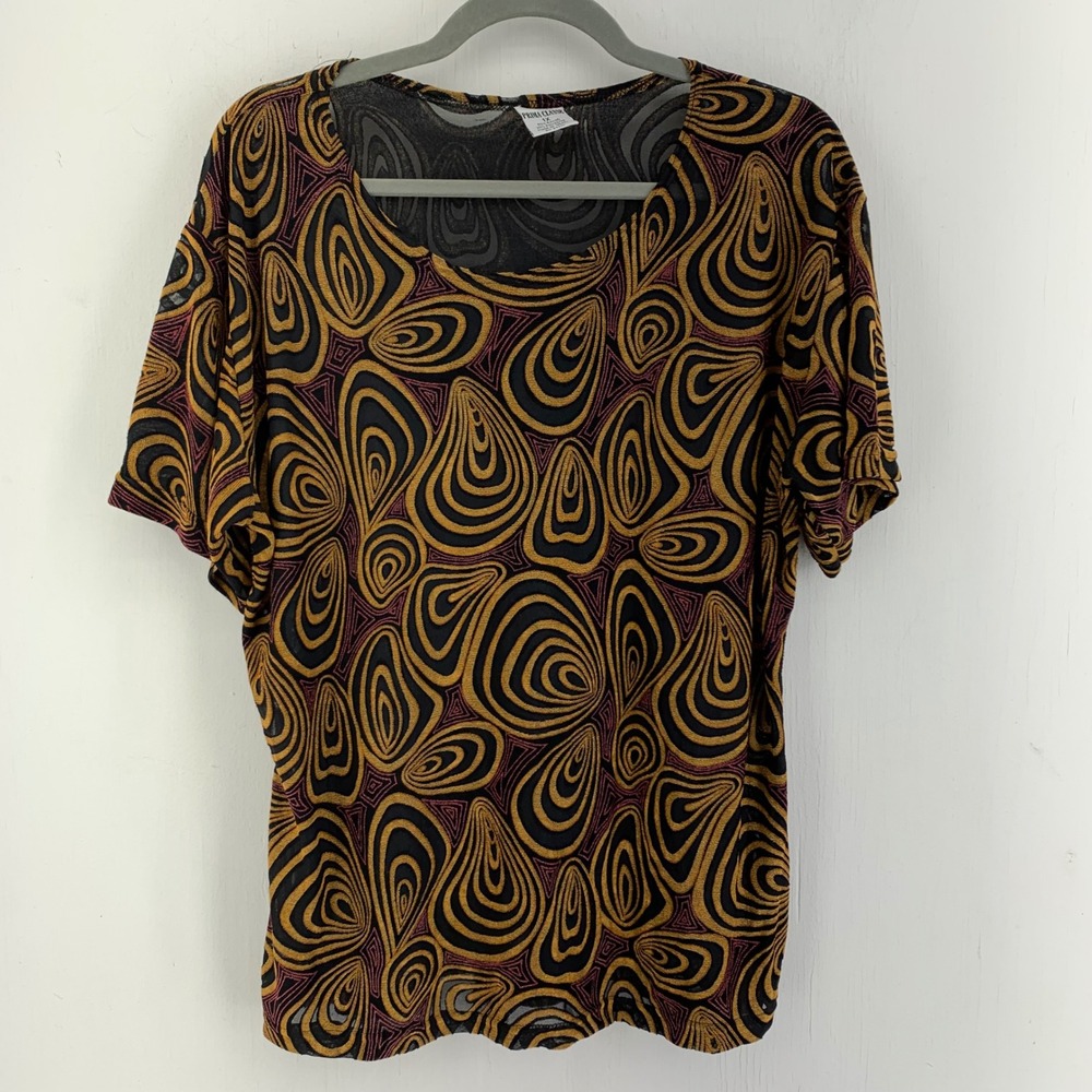 Vtg 90s Prima Classe 1X Short Sleeve Mesh Top Abstract Psychedelic Gold Black